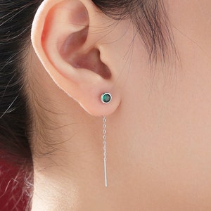 Emerald Green Bezel CZ Crystal Threader Earrings in Sterling Silver, Silver or Gold, Minimalist Crystal Ear Threaders, Threader Ear Jackets image 1