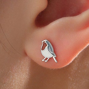 Orecchini a bottone in argento sterling smaltato a forma di pettirosso, argento o oro, oro rosa, orecchini a forma di uccello britannico 2D, orecchini a forma di uccello ispirati alla natura