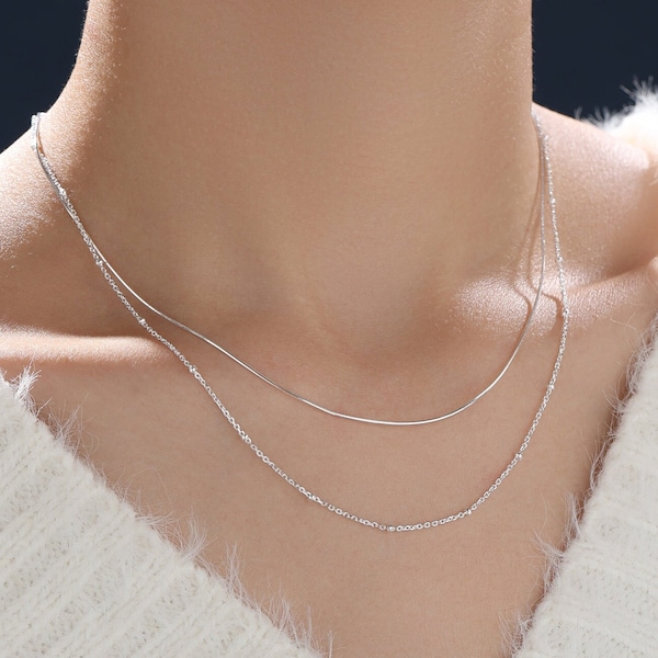 Double Layer Necklace in Sterling Silver with Satellite Chain and Snake Chain,  Silver or Gold or Rose Gold, Chain Necklace