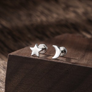 Mismatched Moon and Star Internally Threaded Flat Back/Screw back/Stud Earrings in Sterling Silver, Asymmetric Star and Moon, Piercing