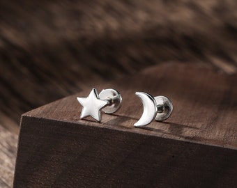 Sun and Moon Stud Earrings, 925 Sterling Silver With 14k