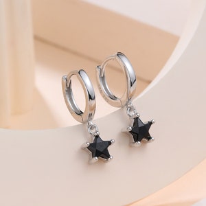 Black CZ Star Huggie Hoop Earrings in Sterling Silver, Silver or Gold, North Star Dangle Earrings, Sunburst Earrings, Celestial Jewellery