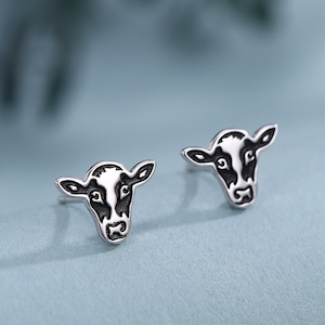 Enamel Painted Dairy Cow Stud Earrings in Sterling Silver - Cute Farm Animal Stud Earrings  - Cute,  Fun, Whimsical