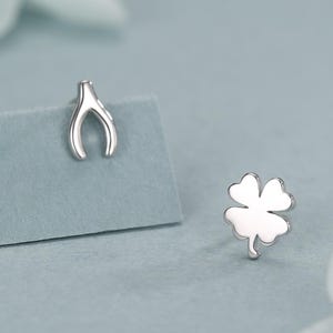 Mismatched Wishbone and Clover Leaf Stud Earrings in Sterling Silver, Silver, Gold or Rose Gold Finish, Asymmetric Small Good Luck Earring