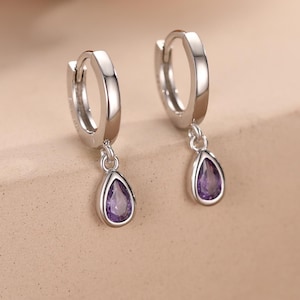 Tiny Amethyst Purple Droplet CZ Huggie Hoop Earrings in Sterling Silver, Silver or Gold, Geometric Hoop Earrings