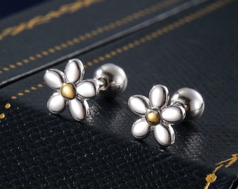 Tiny Little Forget-me-not Flower Screw Back Earrings in Sterling Silver, Cute Flower Barbell Earrings, Tiny Flower Screw Back Earrings