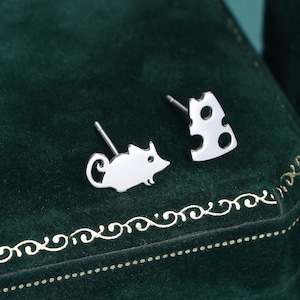 Mouse and Cheese Stud Earrings in Sterling Silver,  Cute Fun Quirky Animal Jewellery, Animal Lover, Nature Inspired