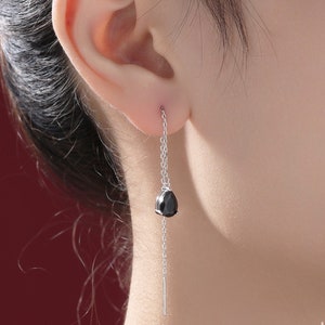 Black CZ Droplet Threader Earrings in Sterling Silver, Silver or Gold,  5x7mm Pear Cut CZ Long Ear Threaders, Sparkly CZ Threaders