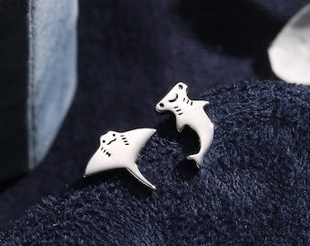 Mismatched Kawaii Hammerhead Shark and Manta Ray Stud Earrings in Sterling Silver, Silver or Gold or Rose Gold,  Asymmetric Fish Earrings