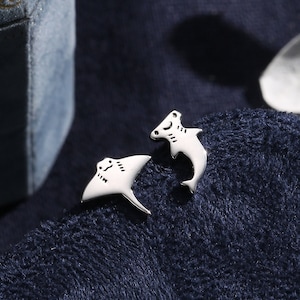 Mismatched Kawaii Hammerhead Shark and Manta Ray Stud Earrings in Sterling Silver, Silver or Gold or Rose Gold,  Asymmetric Fish Earrings