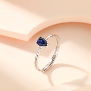 Created Blue Sapphire Droplet Ring in Sterling Silver, 4x6mm, Prong Set Pear Cut, Adjustable Size, Blue Corundum Ring, September Birthstone image 2