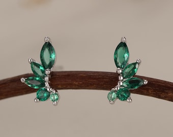 Emerald Green CZ Marquise Cluster Stud Earrings in Sterling Silver