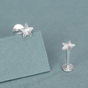 Puede incluir: Un par de pendientes de botón plateados con forma de estrella. Los pendientes presentan un diseño detallado de estrella con un poste y un respaldo plano. Los pendientes se muestran sobre una superficie azul verdosa.