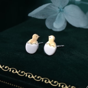 Chick and Egg Stud Earrings in Sterling Silver, Chicken Bird Earrings, Silver Chicken Stud, Silver and Gold, Bird Earrings