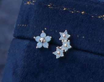 Asymmetric Forget Me Not Flower Bouquet CZ Stud Earrings in Sterling Silver, Silver or Gold, Opal Colour Mismatched CZ Flower Stud Earrings