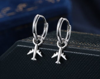 Dangling Plane Huggie Hoops in Sterling Silver, Silver or Gold or Rose Gold, Aeroplane Hoop Earrings, Detachable and Interchangeable
