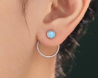 Blouson d'oreille double cercle en opale bleue en argent sterling, boucles d'oreilles cercle amovibles dans les deux sens, boucle d'oreille en opale de laboratoire à l'avant et à l'arrière