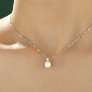 Natural Pearl and CZ Bezel Necklace in Sterling Silver, Silver or Gold or Rose Gold, Genuine Freshwater Pearl Pendant Necklace