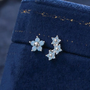 Asymmetric Forget Me Not Flower Bouquet CZ Stud Earrings in Sterling Silver, Silver or Gold, Opal Colour Mismatched CZ Flower Stud Earrings image 1