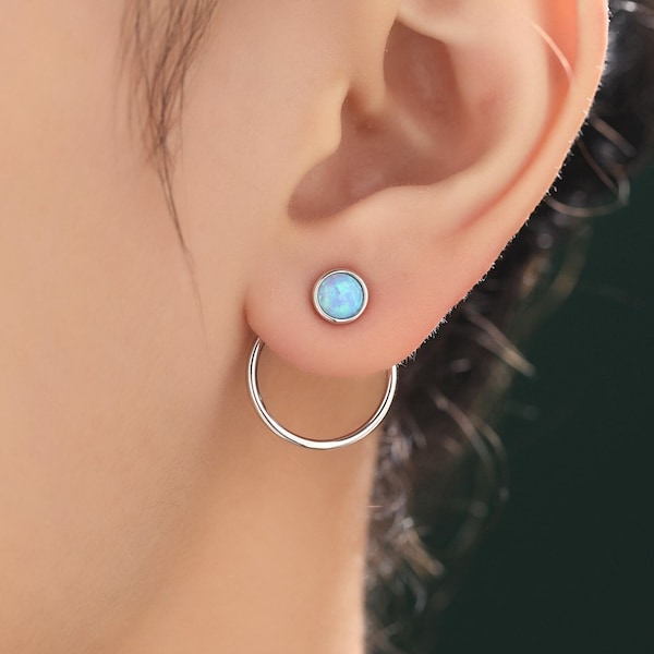 Double Circle Blue Opal Ear Jacket in Sterling Silver,  Two Way Detachable Circle Earrings, Front and Back Lab Opal Earring