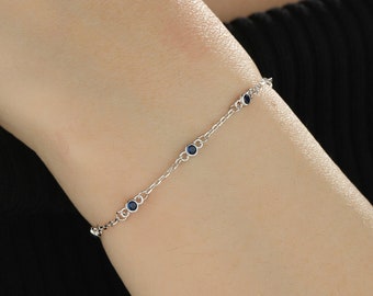 Sterling Silver Extra Delicate Sapphire Blue CZ Bezel Bracelet, Silver or Gold, CZ Satellite Bracelet, Tiny Delicate CZ Bracelet