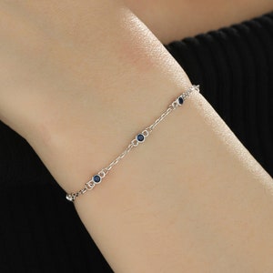 Sterling Silver Extra Delicate Sapphire Blue CZ Bezel Bracelet, Silver or Gold, CZ Satellite Bracelet, Tiny Delicate CZ Bracelet