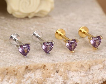 Sterling Silver 4mm Amethyst Purple Heart CZ 16G Flat Back Labret Earrings