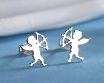 Brincos de tarraxa em formato de anjo em formato de cupido em prata esterlina, prata, ouro ou ouro rosa, brincos de tarraxa em formato de coração, brincos de tarraxa em formato de anjo em prata