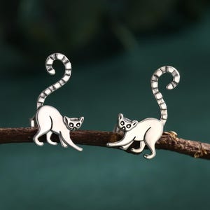 Sterling Silver Lemur Earrings | Minimalist Animal Studs | Jungle Cat Earrings |  Silver Rain Silver Jewellery