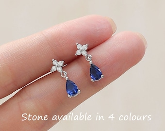 Sterling Silver Four CZ and Droplet Stud Earrings, Silver or Gold, Hydrangea CZ Earrings with Pong Set Dangle Dropet