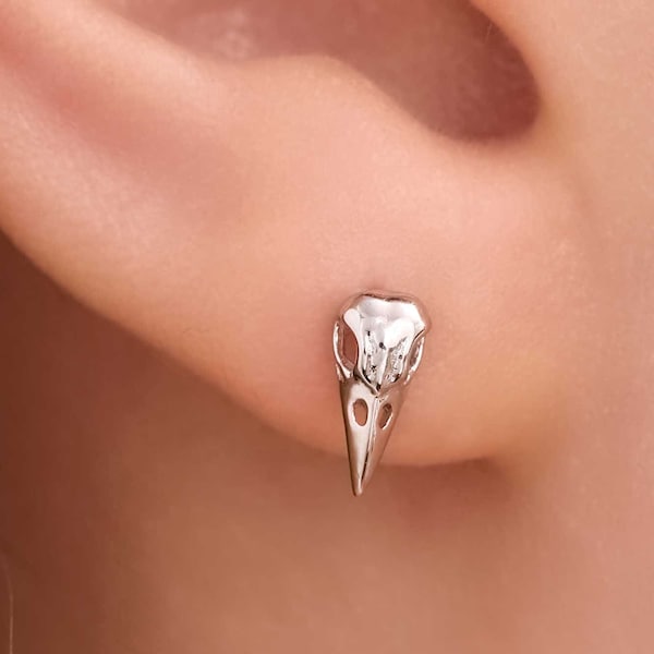 Boucles d'oreilles en argent sterling avec tête de mort, petit oiseau, boucles d'oreilles en argent, or ou or rose, boucles d'oreilles squelette d'oiseau en argent sterling