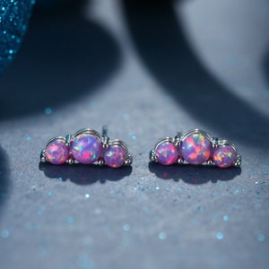 Tiny Purple Opal Trio Stud Earrings in Sterling Silver, Silver or Gold,  Three Opal Earrings, Opal Stud, Small Opal Earrings