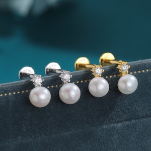 Tiny Genuine Pearl and CZ Internally Threaded Flat Back, Screw Back Earrings in Sterling Silver, Silver or Gold, Natural Pearl Earrings