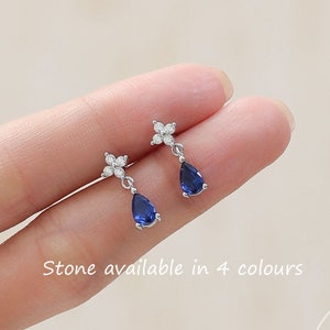 Sterling Silver Four CZ and Droplet Stud Earrings, Silver or Gold, Hydrangea CZ Earrings with Pong Set Dangle Dropet