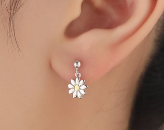 Sterling Silver Daisy Drop Stud Earrings, Delicate Dainty Dangle Daisy Flower Earrings