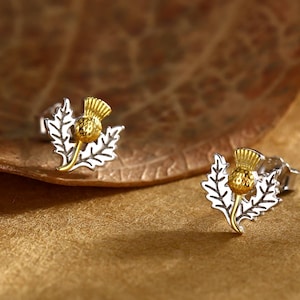 Orecchini a bottone con fiore di cardo in argento sterling - Orecchini a bottone con fiore scozzese in fiore - Carini, divertenti, stravaganti