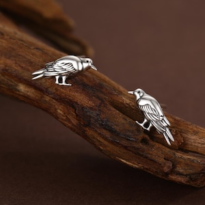 Op de afbeelding: Een paar zilverkleurige oorstekers in de vorm van vogels. De oorbellen zijn gedetailleerd met veren en liggen op een stuk donkerbruin hout. De achtergrond is effen bruin. De oorbellen zijn klein en delicaat.