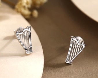 Harpstekeroorbellen in sterlingzilver, zilver of goud of roségoud, zilveren harpstekeroorbellen, leuke oorbellen voor muziekinstrument