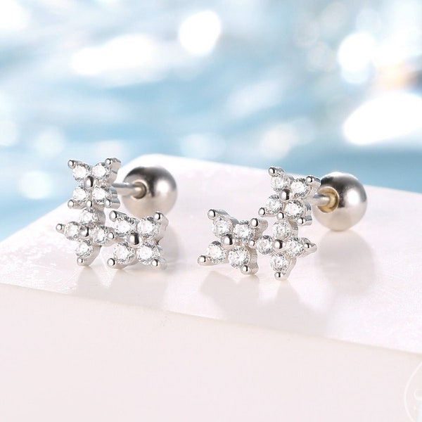Tiny Hydrangea Bouquet CZ Screw Back Earrings in Sterling Silver, Silver, Gold or Rose Gold, Three CZ Flower Earrings, CZ Cluster Earrings