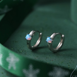 Delicate Opal Huggie Hoop Earrings in Sterling Silver, Silver or Gold, Blue or White Opal, Tiny Opal Hoop Earrings