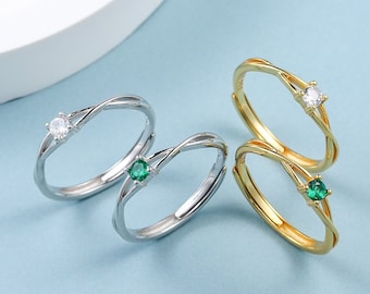 Anel CZ Twist em prata esterlina, tamanho ajustável, prata ou ouro, anel verde esmeralda, anel minimalista, anel geométrico, anel de prata maciça