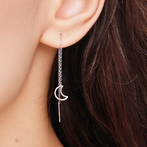 Open Moon Ear Threaders in Sterling Silver,  Delicate Hollow Moon Threader Earrings, Dainty Open Moon Dangle Earrings