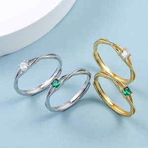CZ Twist Ring in Sterling Silver, Adjustable Size, Silver or Gold, Emerald Green Ring, Minimalist Ring, Geometric Ring, Solid Silver Ring