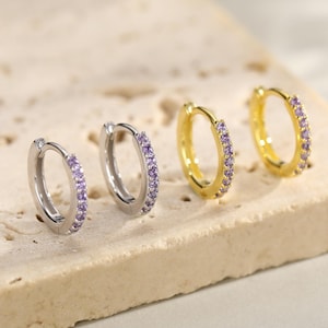 Amethyst Purple CZ Huggie Hoops in Sterling Silver, Silver or Gold, Minimalist Hoop Earrings, 6mm, 7mm and 8mm Hoops, Cartilage Hoops