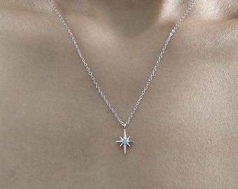 Tiny North Star Pendant Necklace in Sterling Silver with Blue Opal, Silver or Gold or Rose Gold, Starburst Necklace, Tiny Opal Star Necklace