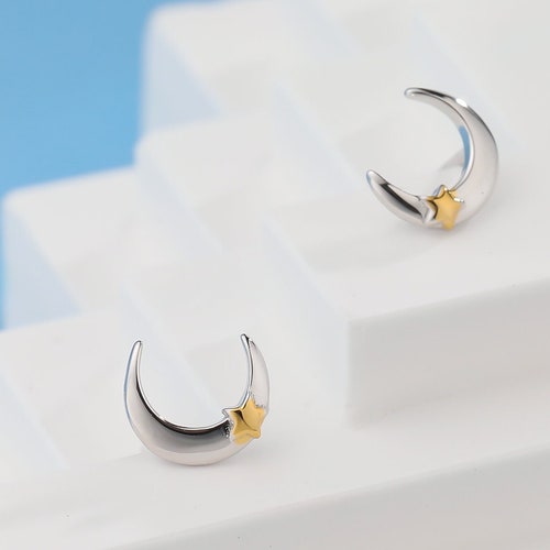 Celestial Studs Crescent Moon and Star Sterling Silver - Etsy