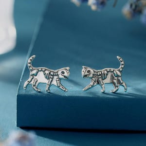Cat Skeleton Stud Earrings in Sterling Silver, Quirky Cat Skeleton Earrings, Dainty and Tiny Earrings, Gift for a Cat Lover