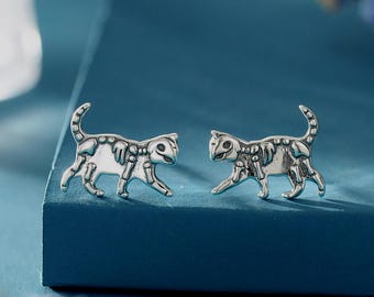 Cat Skeleton Stud Earrings in Sterling Silver, Quirky Cat Skeleton Earrings, Dainty and Tiny Earrings, Gift for a Cat Lover