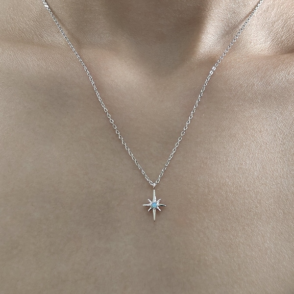 Tiny North Star Pendant Necklace in Sterling Silver with Blue Opal, Silver or Gold or Rose Gold, Starburst Necklace, Tiny Opal Star Necklace