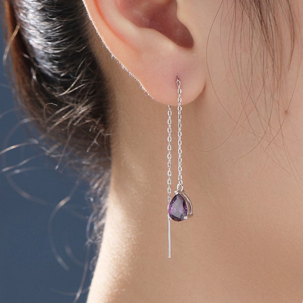 Amethyst Purple Droplet Threader Earrings in Sterling Silver, Silver or Gold,  Pear Cut CZ Long Ear Threaders, Sparkly CZ Threaders